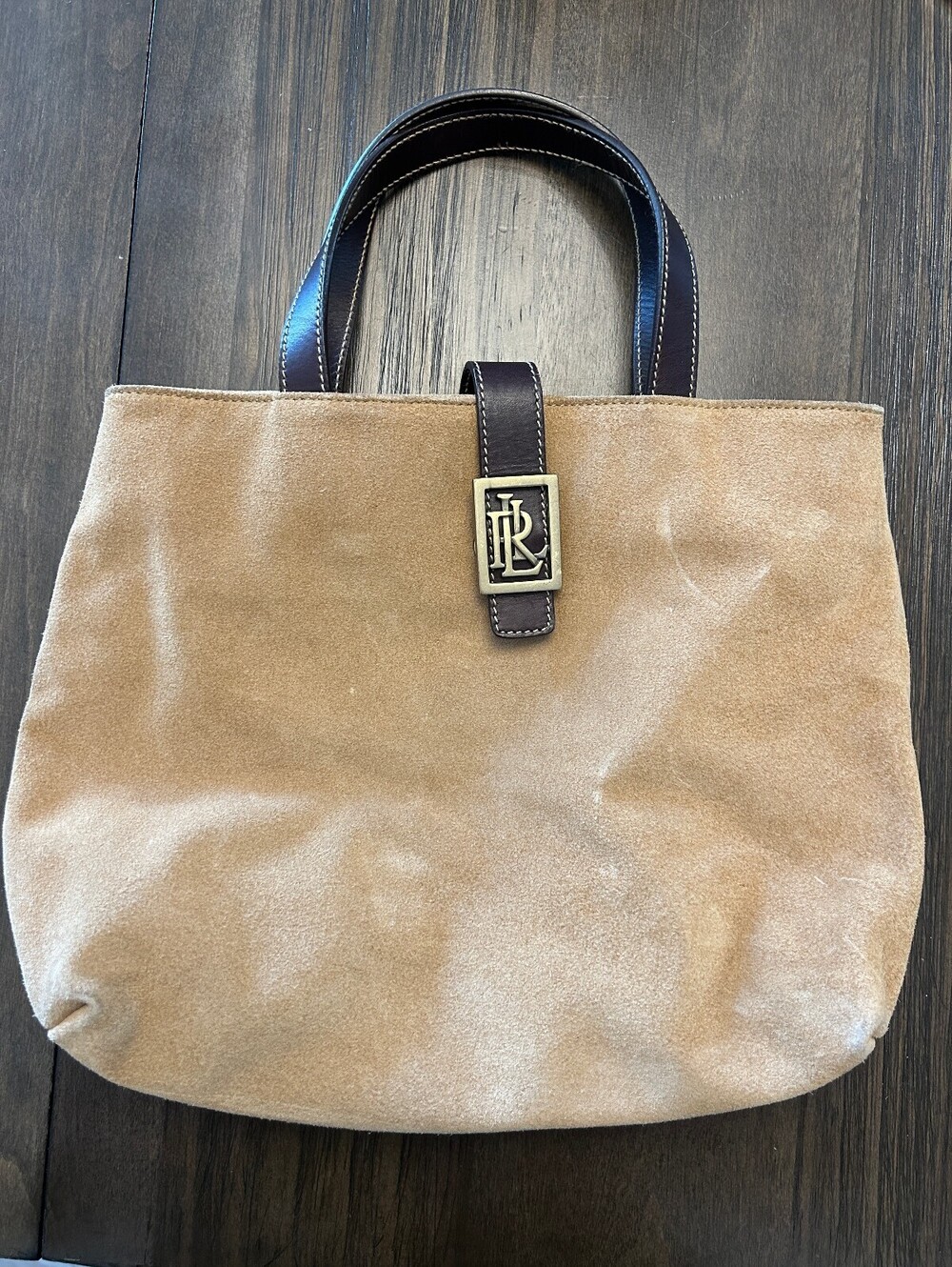 Lauren Ralph Lauren Suede Leather Tote Bag Tan Brown Camel Leather Strap